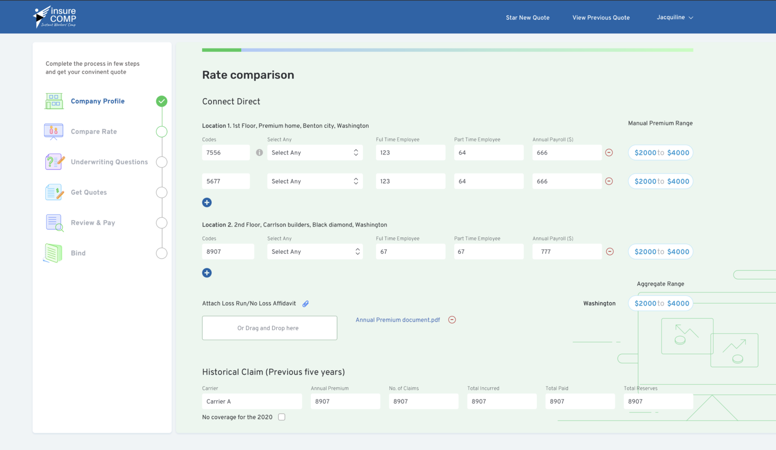 InsureComp rate comparison screen