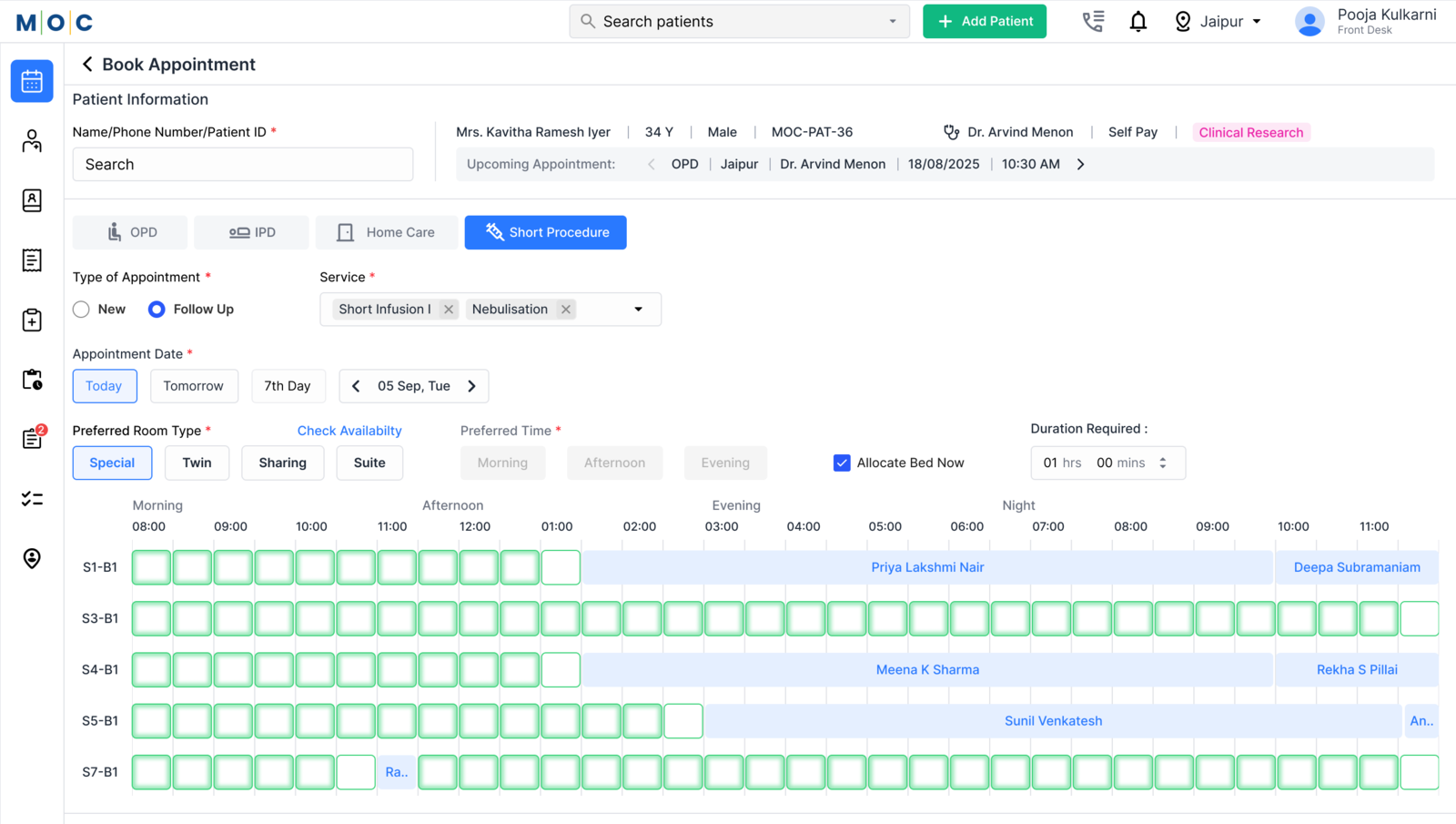 MOC clinic management system showing patient appointment booking and bed scheduling
