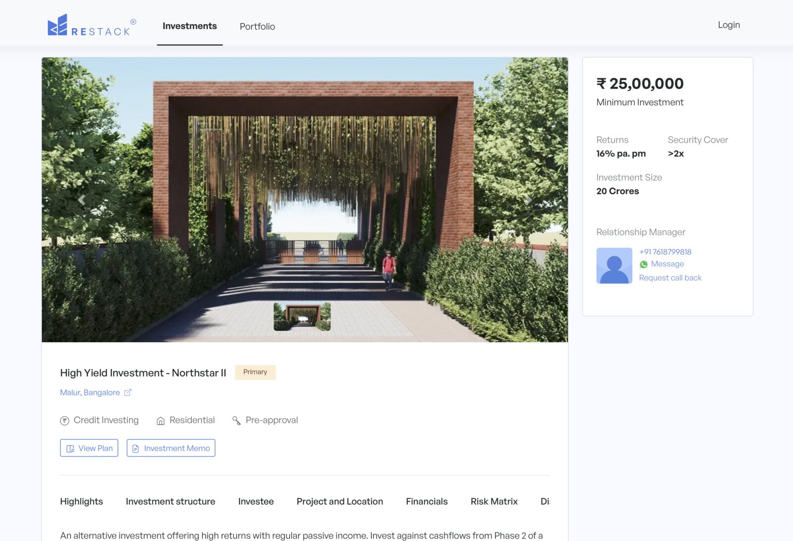 The Restack investment listing page